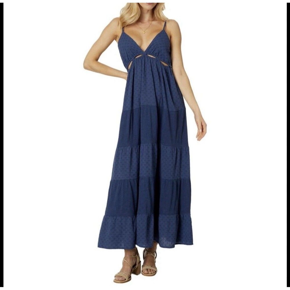 Lucky Brand Cut Out Tiered Maxi Dress 2XL  XXL Blue 100% Cotton Spaghetti Strap